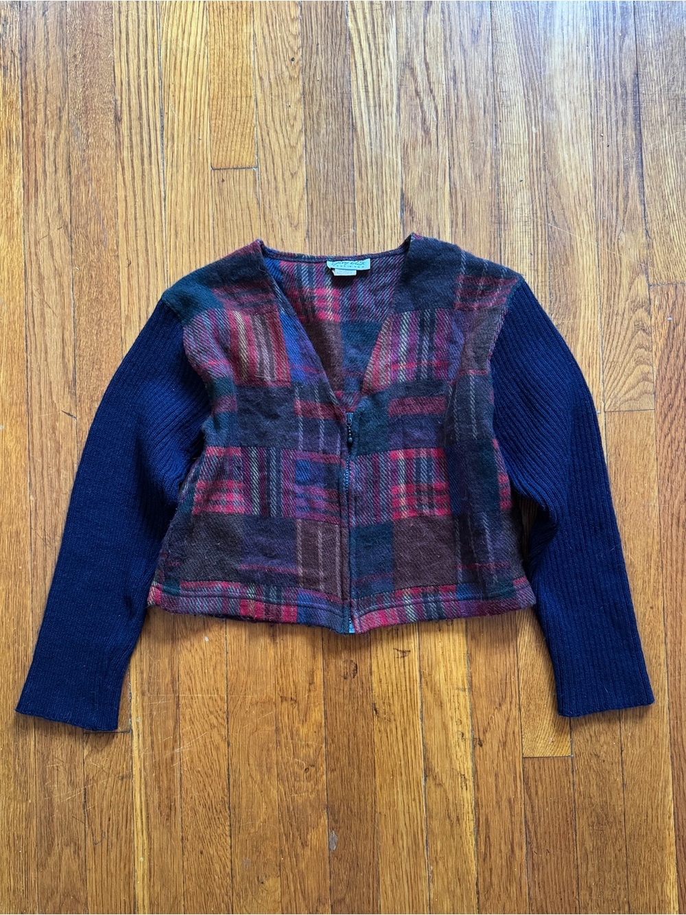 Wool Blend Plaid Front-Close Sweater Jacket - Navy Sleeves, Red Plaid Body